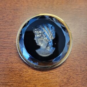 Victorian-Style Black Glass Cameo Brooch with Gold-Tone Rim